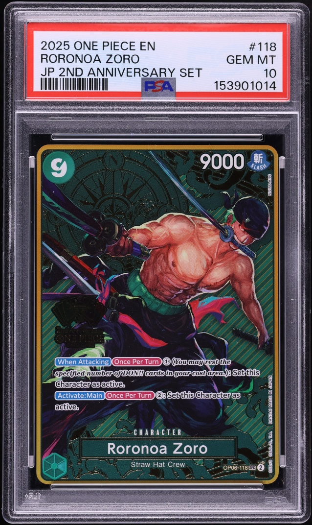 2025 One Piece 2nd Anniversary Set SEC Alt Art Roronoa Zoro #118 PSA 10 GEM MINT