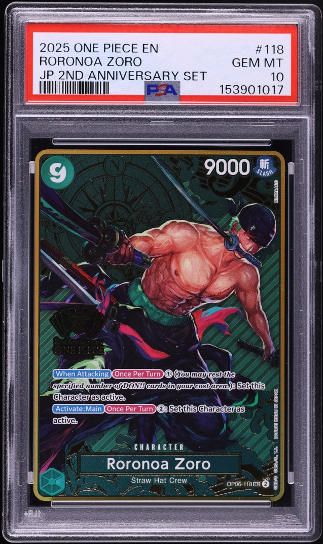 2025 One Piece 2nd Anniversary Set SEC Alt Art Roronoa Zoro #118 PSA 10 GEM MINT