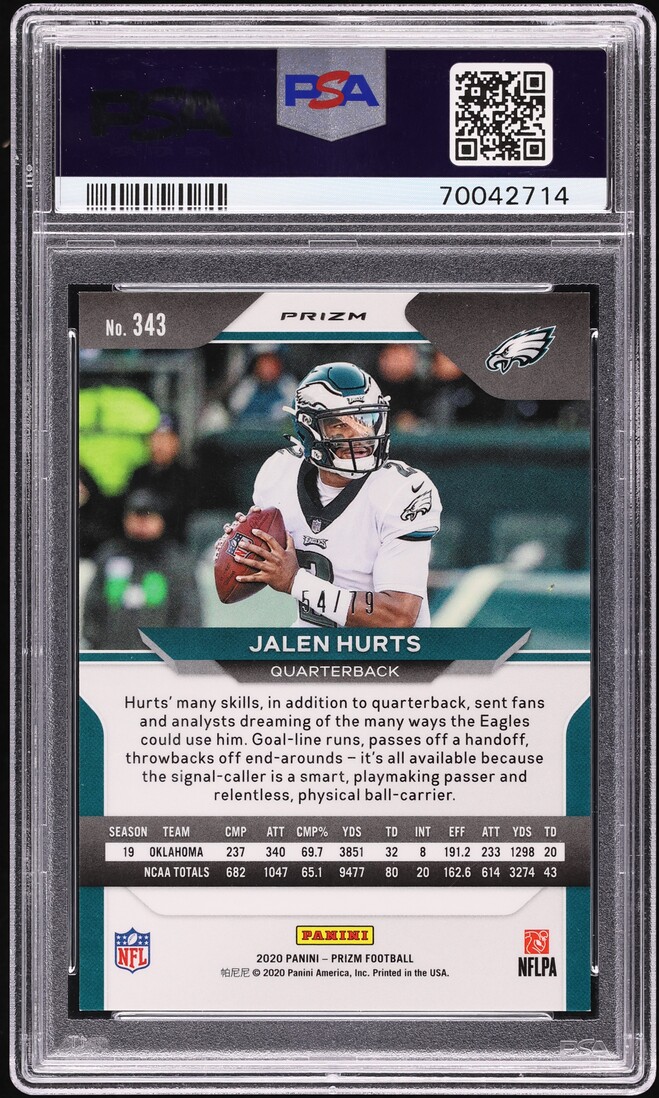 2020 Panini Prizm No Huddle Blue Jalen Hurts ROOKIE /79 #343 PSA 9 MINT