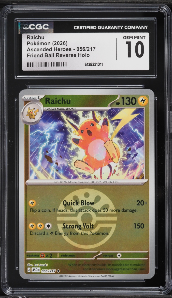 2026 Pokemon Mega Evolution Ascended Heroes Friend Ball Reverse Holo Raichu #56 CGC 10 GEM MINT