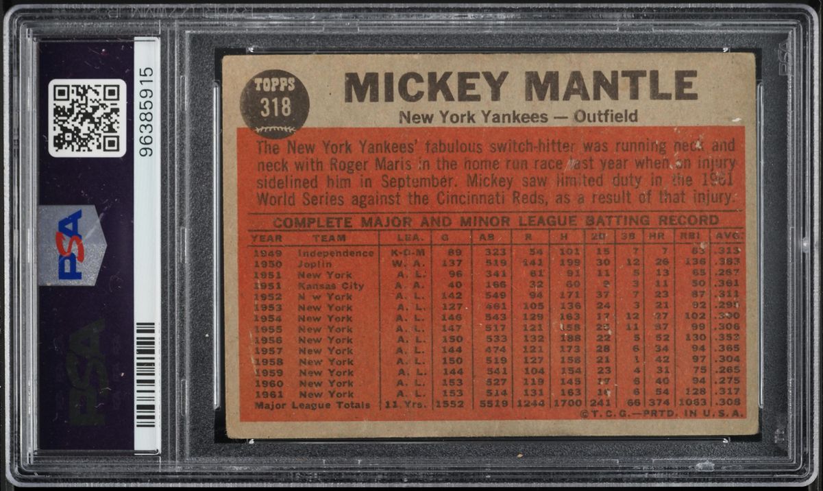1962 Topps Mickey Mantle SWITCH HITTER CONNECTS #318 PSA 1.5 FR