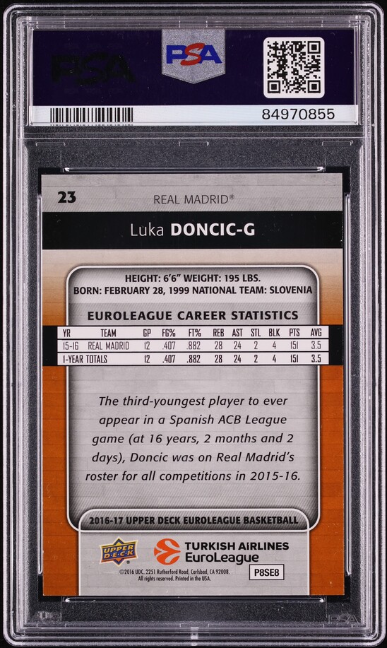 2016 Upper Deck Euroleague Rainbow Foil Luka Doncic ROOKIE #23 PSA 9 MINT