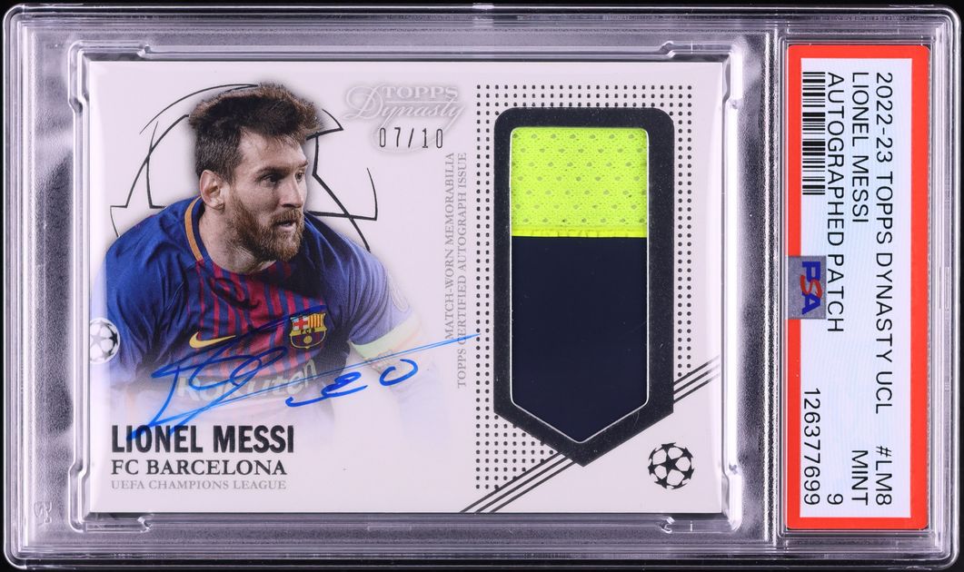 2022 Topps Dynasty UEFA Champions League Lionel Messi PATCH AUTO /10 #AP-LMB PSA 9 MINT