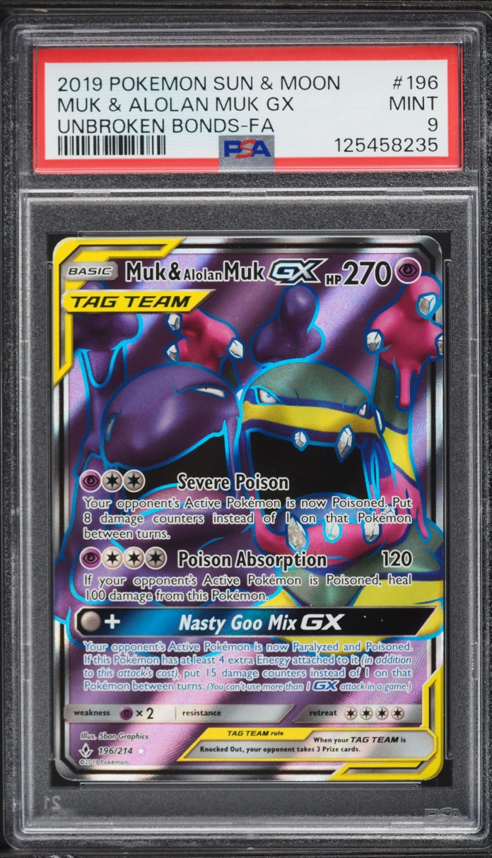 2019 Pokemon Sun & Moon Unbroken Bonds Full Art Muk & Alolan Muk GX #196 PSA 9 MINT