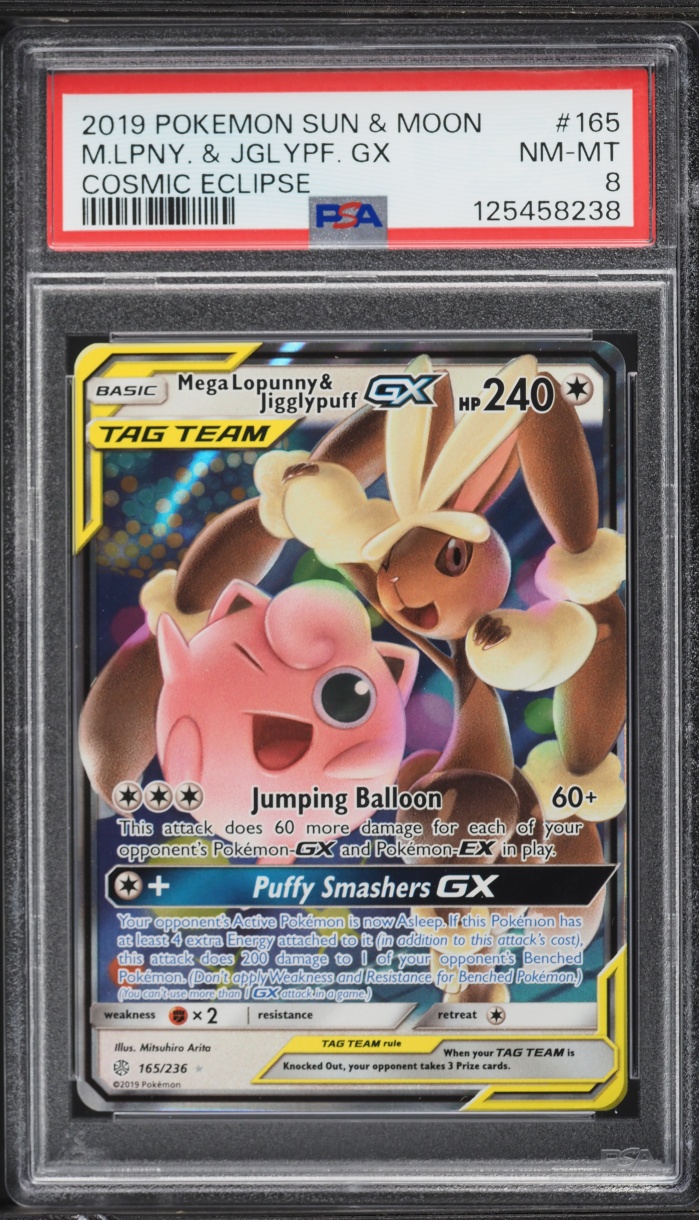 2019 Pokemon Sun & Moon Cosmic Eclipse Mega Lopunny & Jigglypuff GX #165 PSA 8 NM-MT