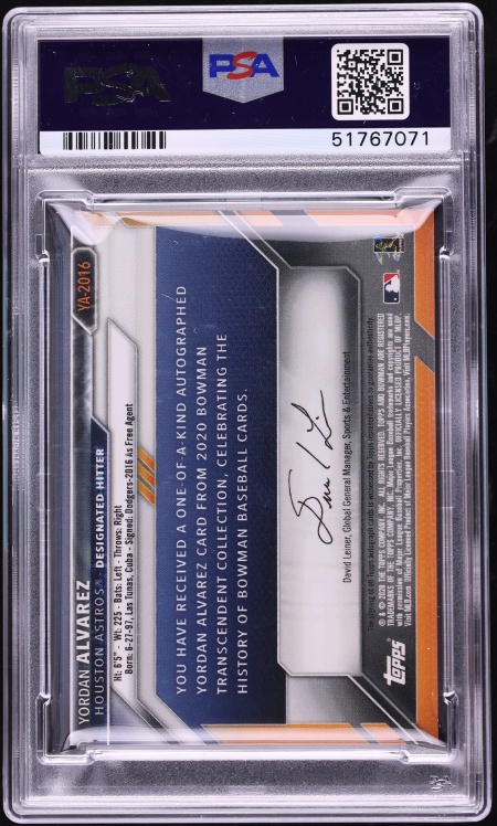 2020 Bowman Transcendent Through The Years Yordan Alvarez ROOKIE AUTO DNA 9 1/1 #YA-2016 PSA 9