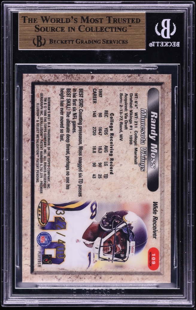 1998 Bowman's Best Refractor Randy Moss ROOKIE /400 #109 BGS 10 PRISTINE