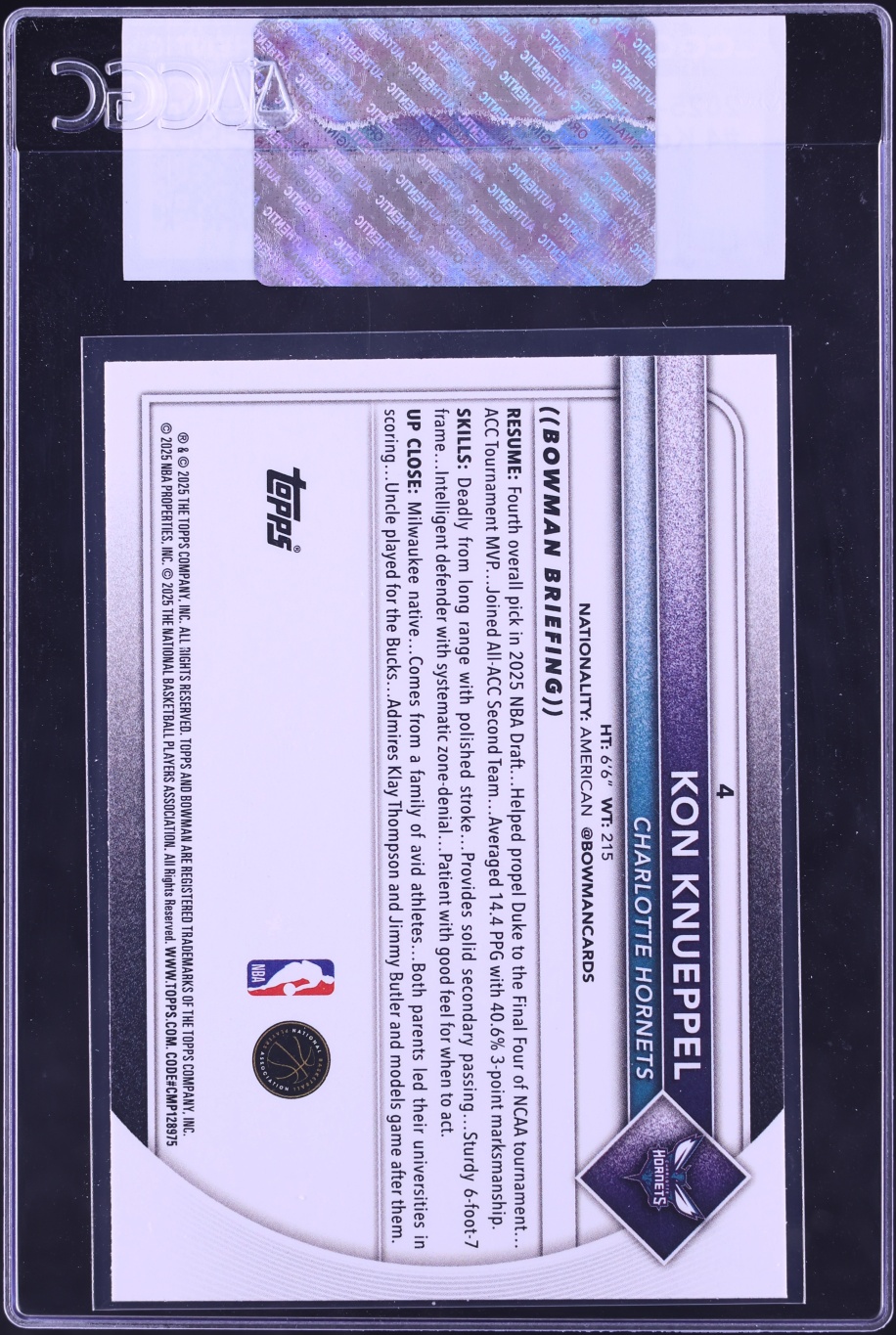 2025 Bowman Basketball Kon Knueppel ROOKIE #4 CGC AUTH