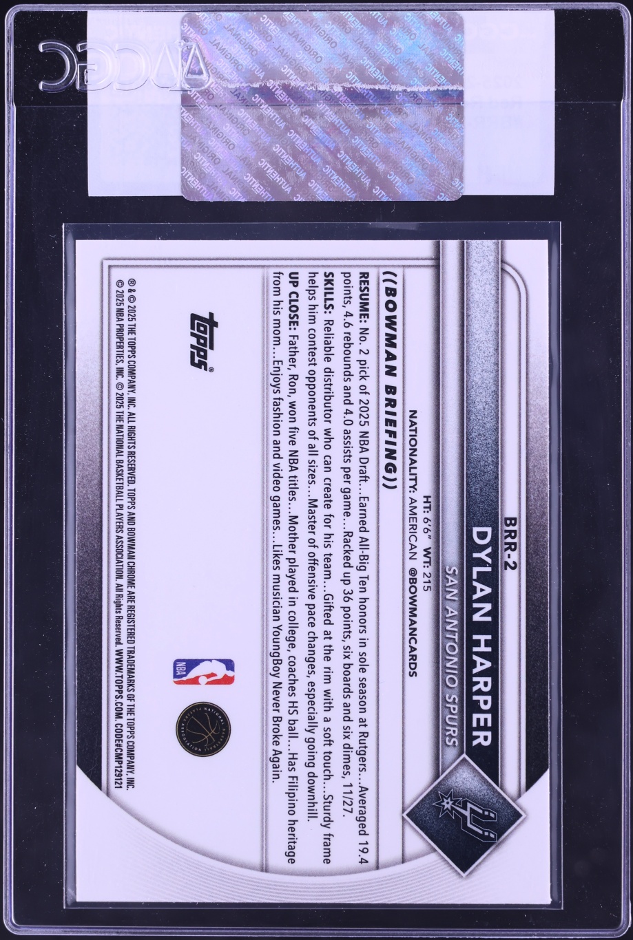2025 Bowman Red Redemption Dylan Harper ROOKIE #BRR-2 CGC AUTH