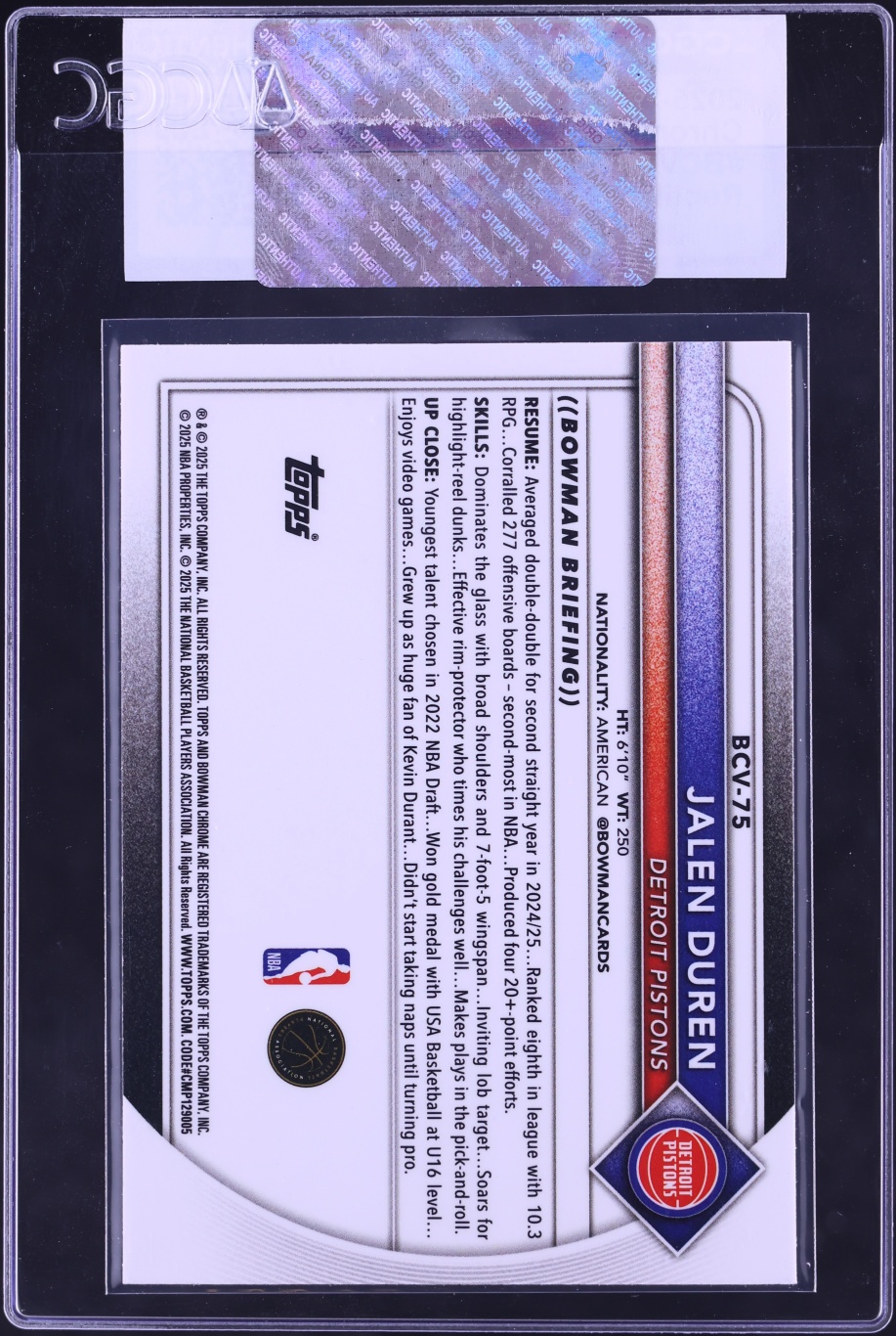 2025 Bowman Chrome Reptilian Refractor Jalen Duren #BCV-75 CGC AUTH