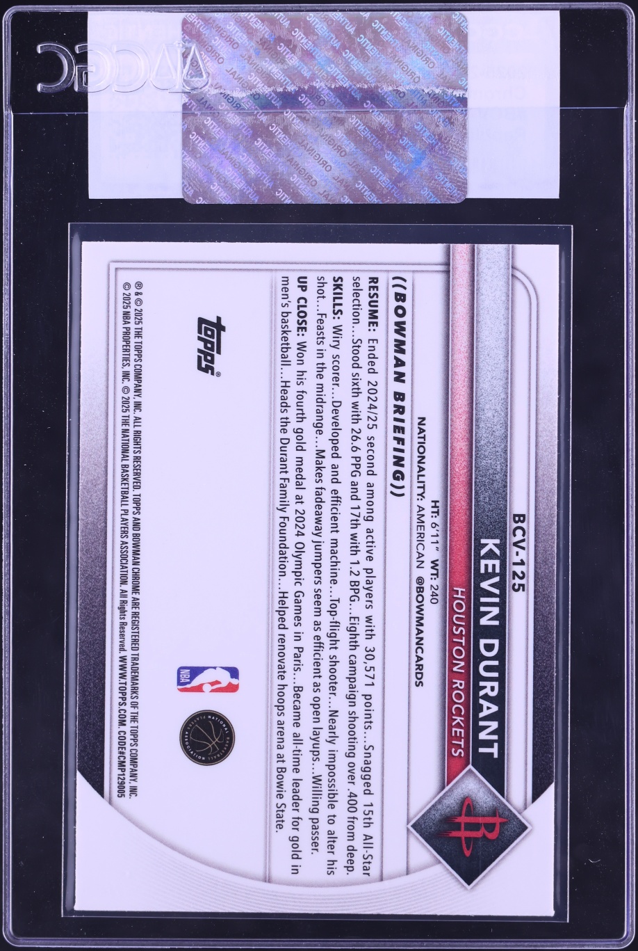 2025-26 Bowman Chrome Reptilian Refractor Kevin Durant #BCV-125 CGC AUTH