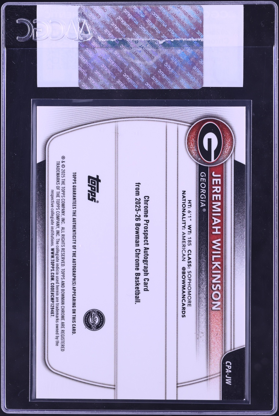 2025 Bowman Chrome Purple Refractor Jeremiah Wilkinson ROOKIE AUTO /250 #CPA-JW CGC AUTH