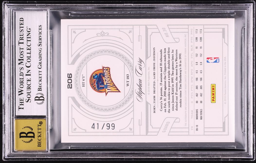 2009 National Treasures Stephen Curry ROOKIE PATCH AUTO /99 #206 BGS 8 NM-MT