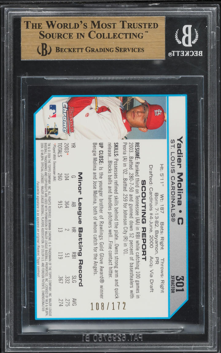 2004 Bowman Chrome Xfractor Yadier Molina PROSPECT /172 #301 BGS 9.5 GEM MINT