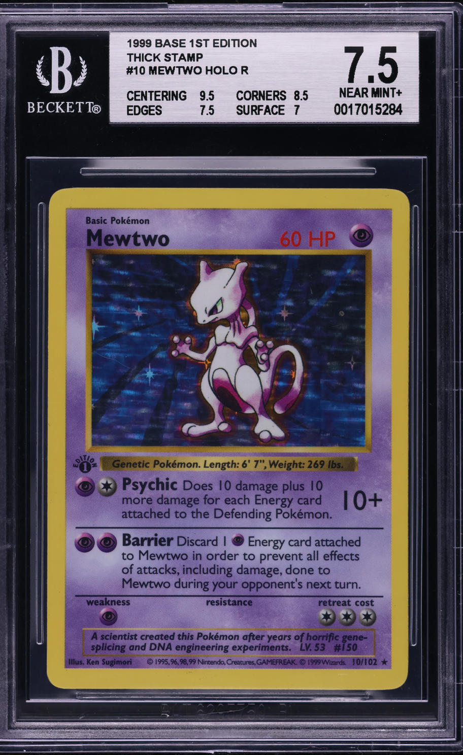 1999 Pokemon Base Set Shadowless 1st Edition Thick Stamp Holo Mewtwo #10 BGS 7.5