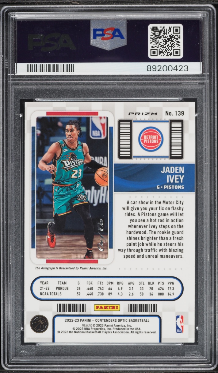 2022 Panini Contenders Optic Ticket Gold Vinyl Prizm Jaden Ivey ROOKIE AUTO 1/1 #139 PSA 9 MINT