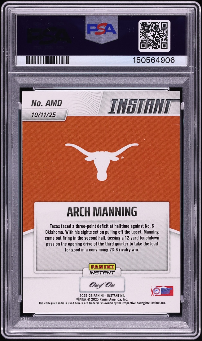 2025 Panini Instant NIL College Football Magma Arch Manning 1/1 #AMD PSA 10 GEM MINT