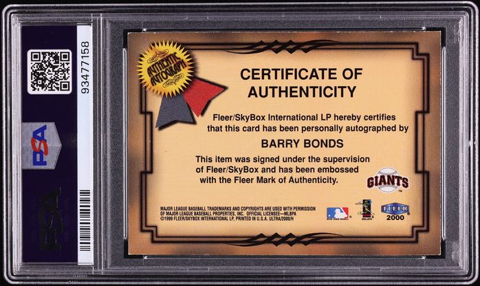 2000 Ultra Fresh Ink Gold Barry Bonds AUTO 1/1 PSA 7 NRMT