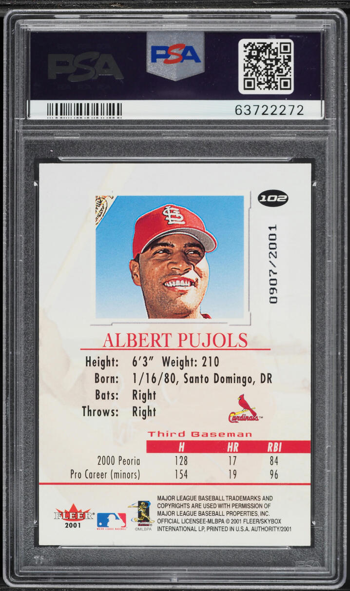 2001 Fleer Authority Albert Pujols ROOKIE /2001 #102 PSA 9 MINT