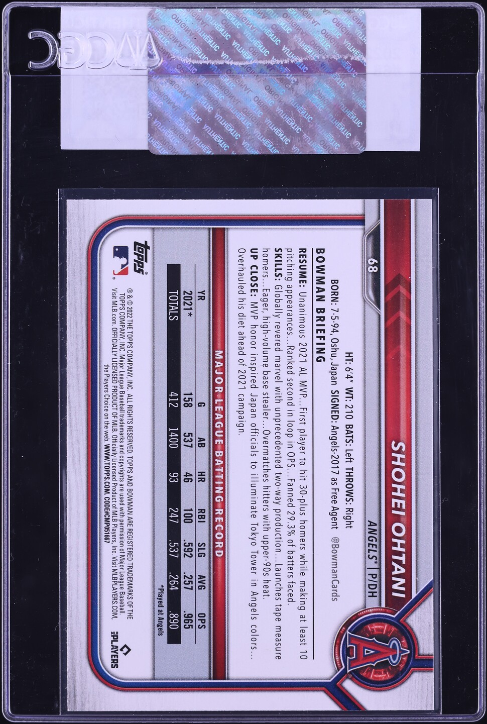 2022 Bowman Shohei Ohtani #68 CGC AUTH