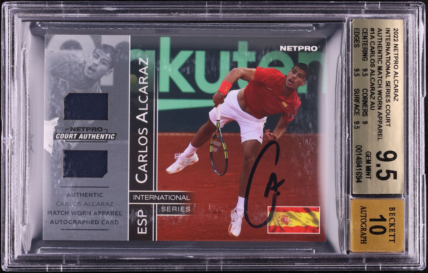 2022 Netpro Alcaraz International Carlos Alcaraz ROOKIE PATCH AUTO /50 BGS 9.5