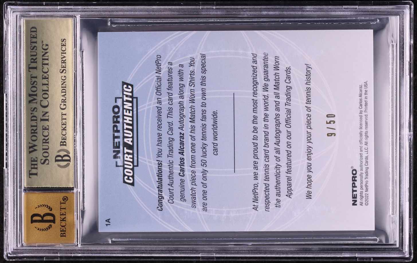 2022 Netpro Alcaraz International Carlos Alcaraz ROOKIE PATCH AUTO /50 BGS 9.5