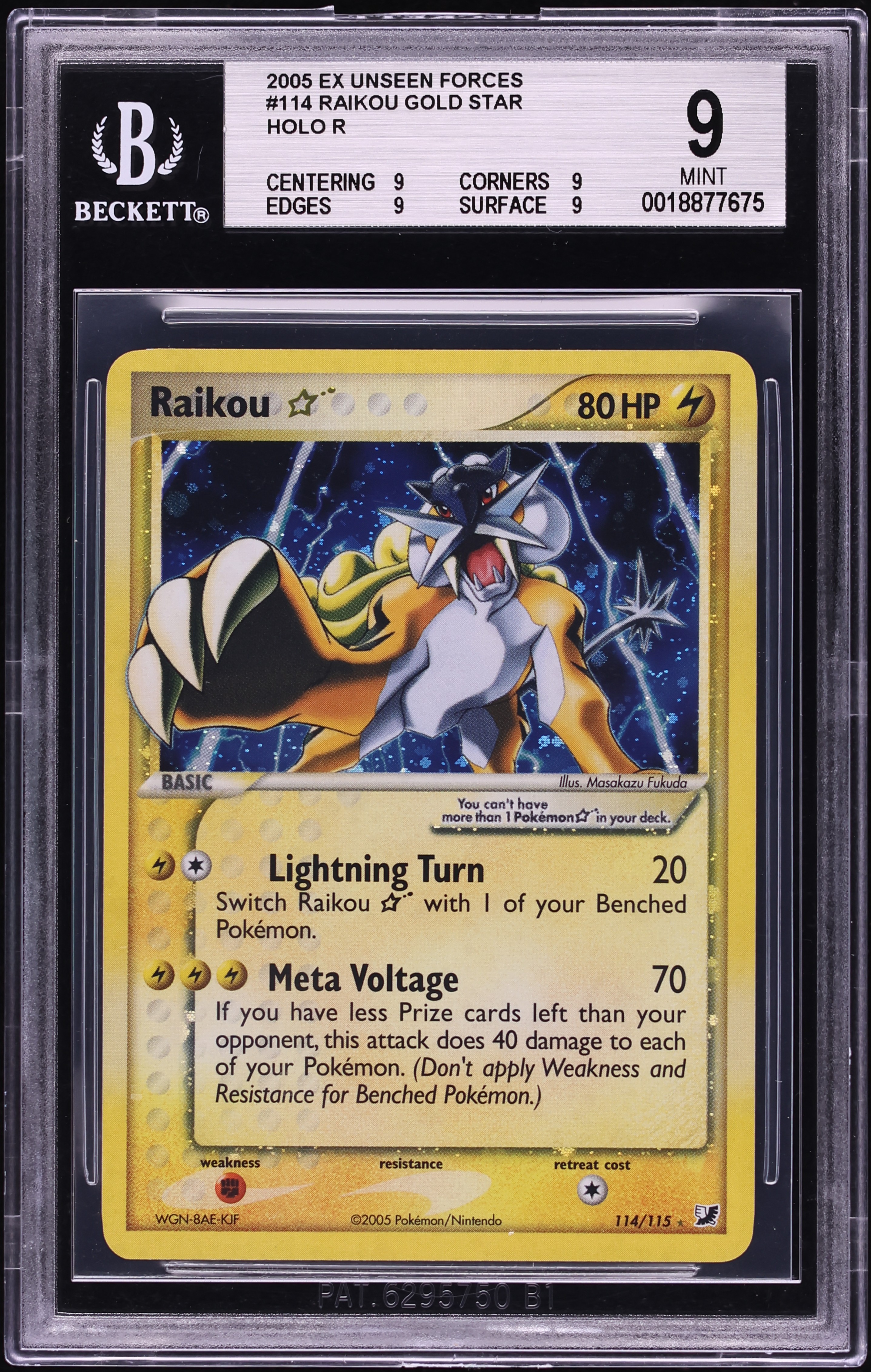 2005 Pokemon EX Unseen Forces Holo Raikou Gold Star #114 BGS 9 MINT