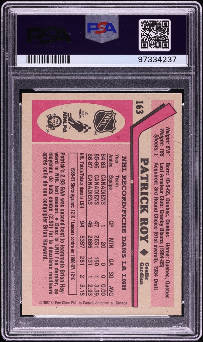 1987 O-Pee-Chee Hockey Patrick Roy #163 PSA 10 GEM MINT - Photo 2