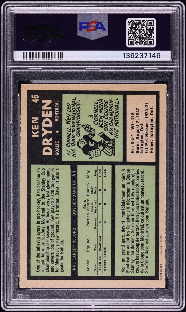 1971 O-Pee-Chee Hockey Ken Dryden ROOKIE #45 PSA 8.5 NM-MT+ - Photo 2