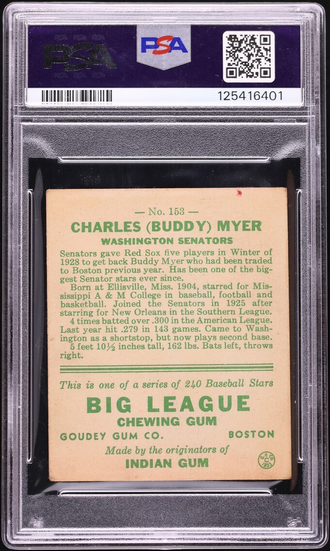 1933 Goudey Buddy Myer #153 PSA 2 GD