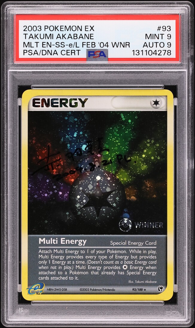 2003 Pokemon EX Sandstorm Feb '04 Winner Holo Multi Energy Takumi Akabane AUTO DNA 9 #93 PSA 9