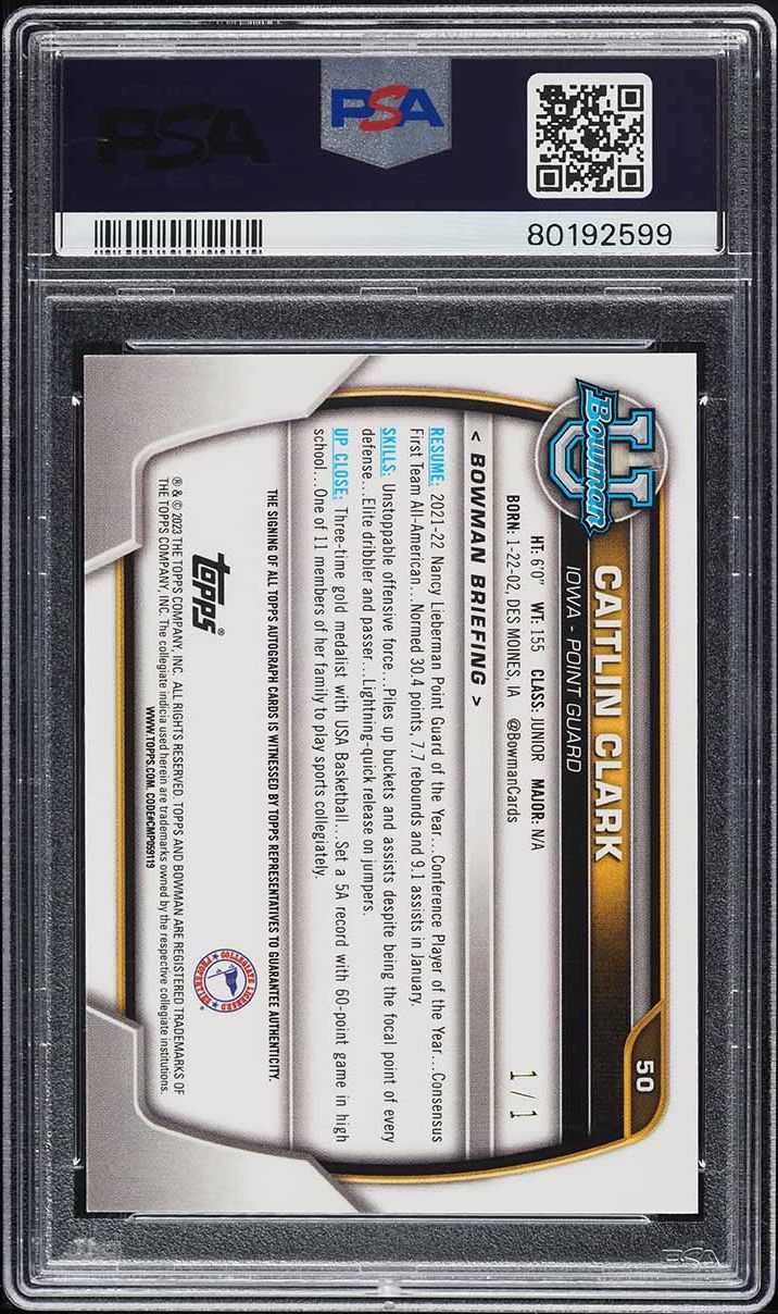 2022 Bowman University Superfractor Caitlin Clark RC AUTO DNA 10 1/1 #50 PSA 10