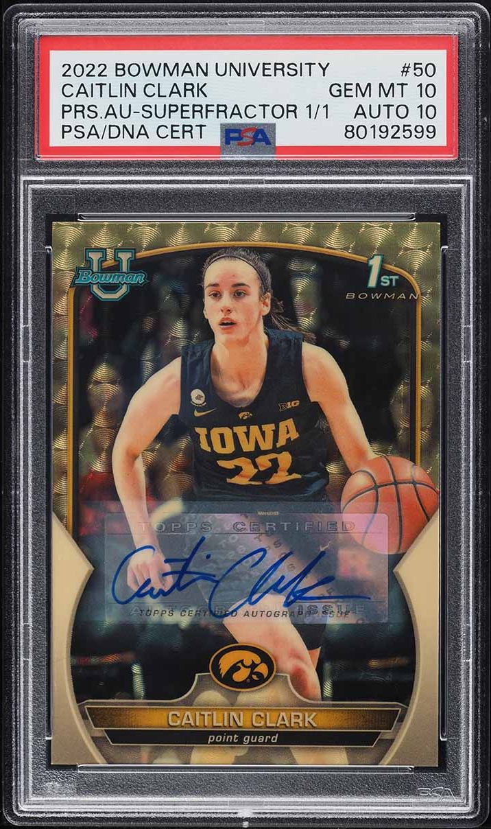 2022 Bowman University Superfractor Caitlin Clark RC AUTO DNA 10 1/1 #50 PSA 10