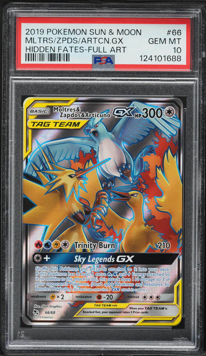 2019 Pokemon SM Hidden Fates Full Art Moltres & Zapdos & Articuno GX #66 PSA 10