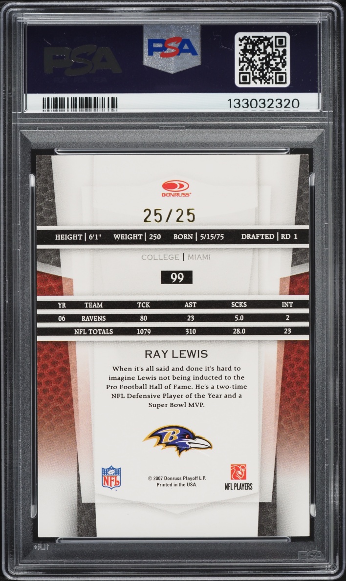2007 Leaf Certified Materials Mirror Gold Ray Lewis 25/25 #99 PSA 8 NM-MT