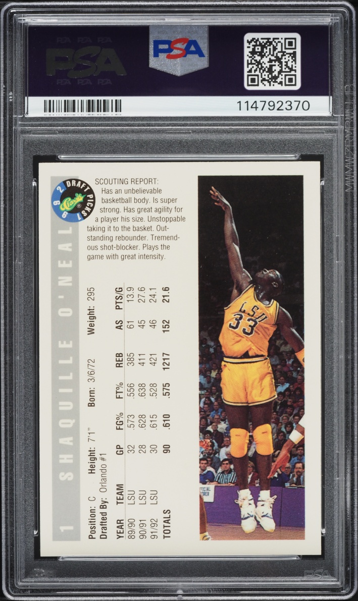 1992 Classic Draft Picks Shaquille O'Neal ROOKIE #1 PSA 9 MINT