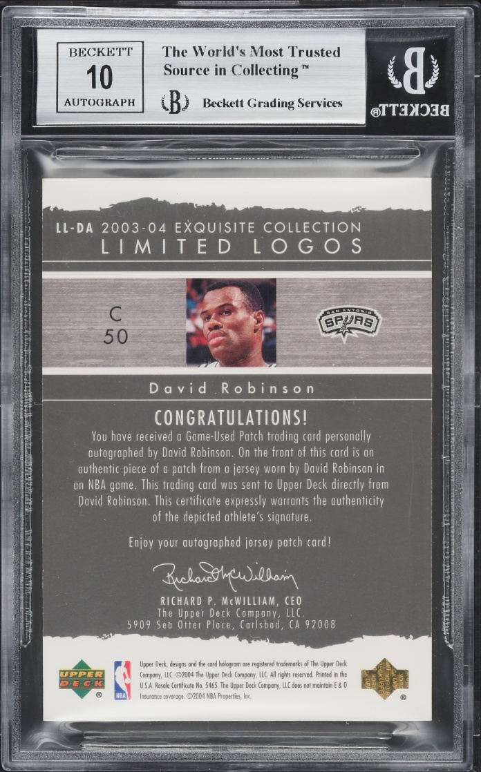 2003 Exquisite Collection Limited Logos David Robinson PATCH AUTO /75 #LL-DA BGS 9 MINT