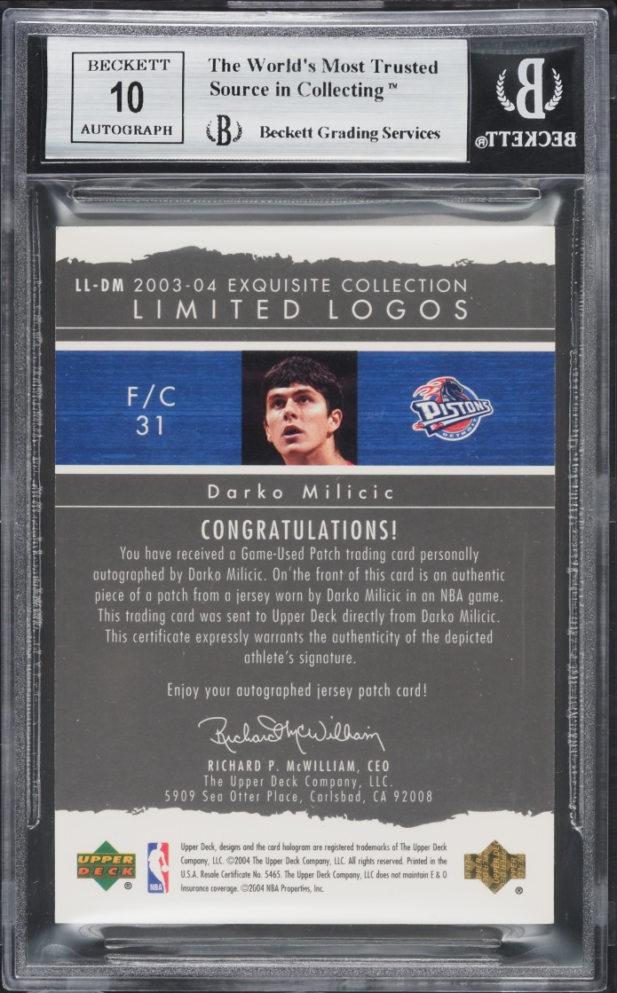 2003 Exquisite Collection Limited Logos Darko Milicic ROOKIE PATCH AUTO /75 #LL-DM BGS 9 MINT