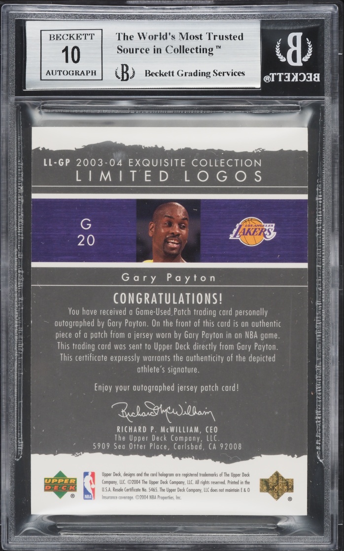 2003 Exquisite Collection Limited Logos Gary Payton PATCH AUTO /75 #LL-GP BGS 8.5 NM-MT+