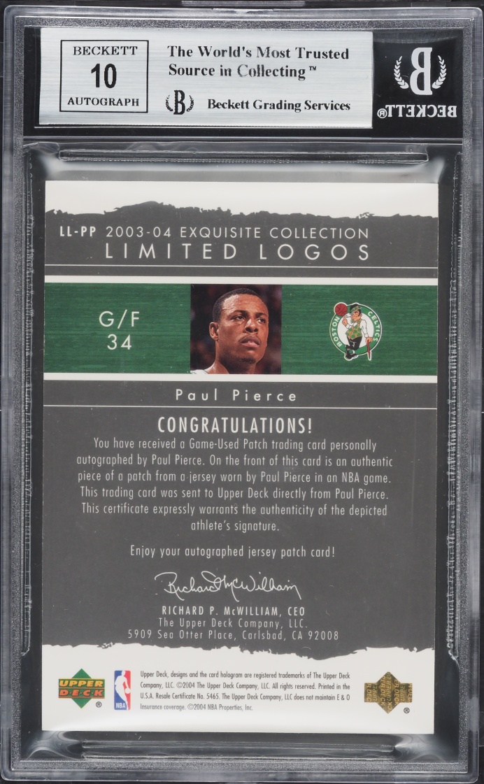 2003 Exquisite Collection Limited Logos Paul Pierce PATCH AUTO /75 #LL-PP BGS 8.5 NM-MT+