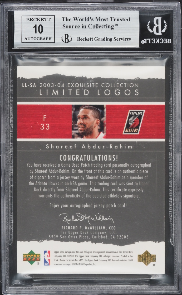 2003 Exquisite Collection Limited Shareef Abdur-Rahim PATCH AUTO /75 #LL-SA BGS 8.5 NM-MT+