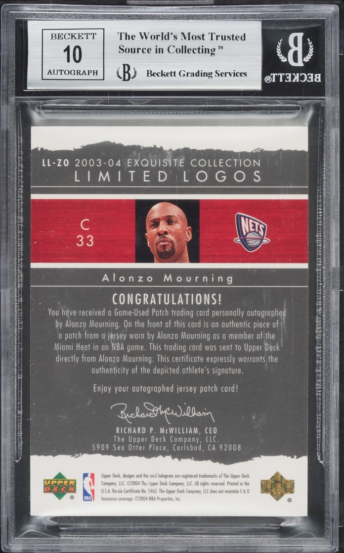 2003 Exquisite Collection Limited Logos Alonzo Mourning PATCH AUTO /75 #LL-ZO BGS 9 MINT