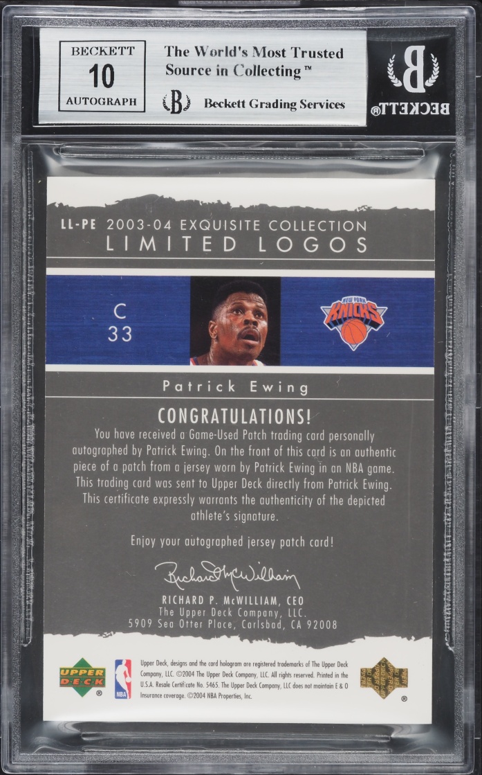 2003 Exquisite Collection Limited Logos Patrick Ewing PATCH AUTO /75 #LL-PE BGS 9 MINT