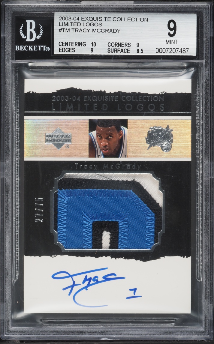 2003 Exquisite Collection Limited Logos Tracy McGrady PATCH AUTO /75 #LL-TM BGS 9 MINT