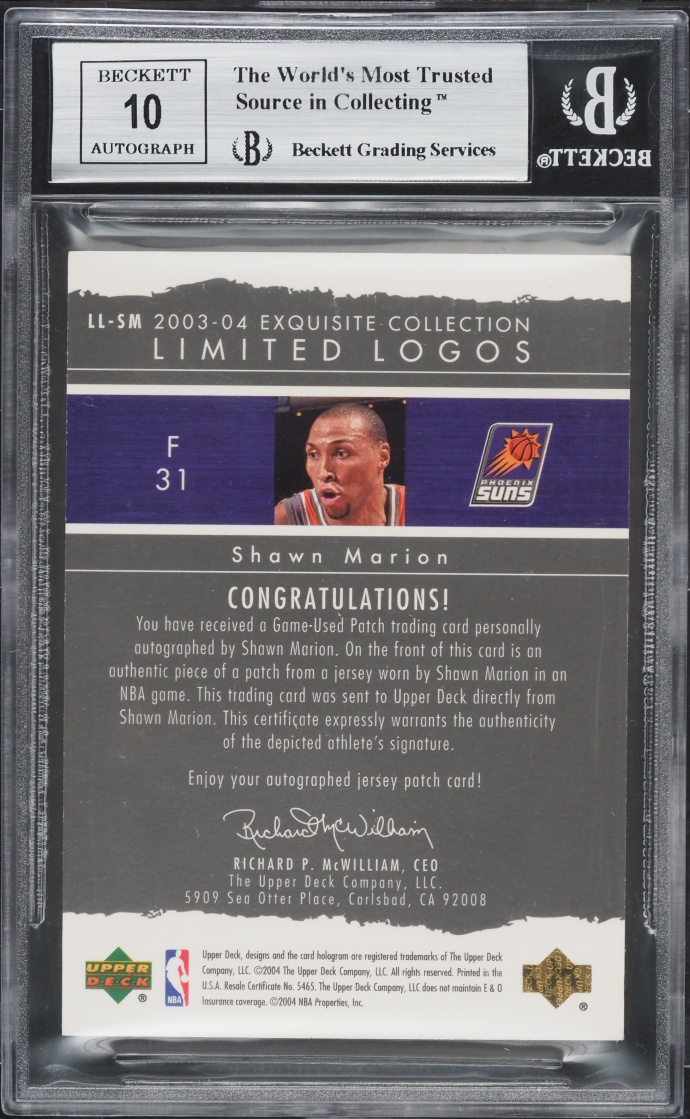 2003 Exquisite Collection Limited Logos Shawn Marion PATCH AUTO /75 #LL-SM BGS 9 MINT