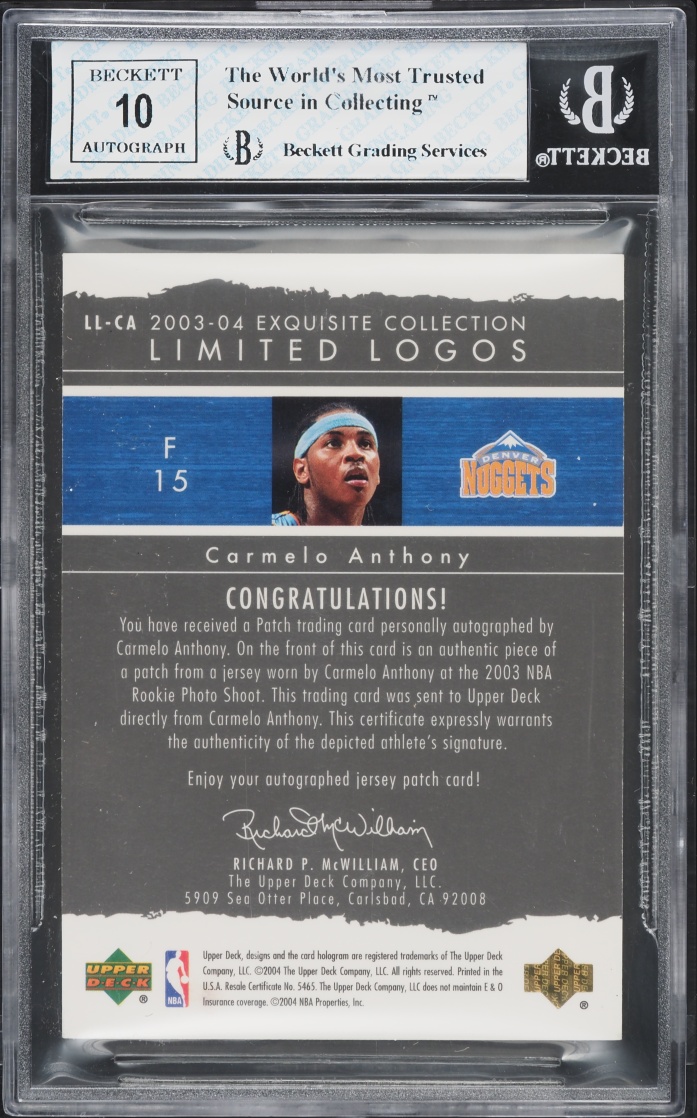 2003 Exquisite Limited Logos Carmelo Anthony ROOKIE PATCH AUTO /75 #LL-CA BGS 8 NM-MT