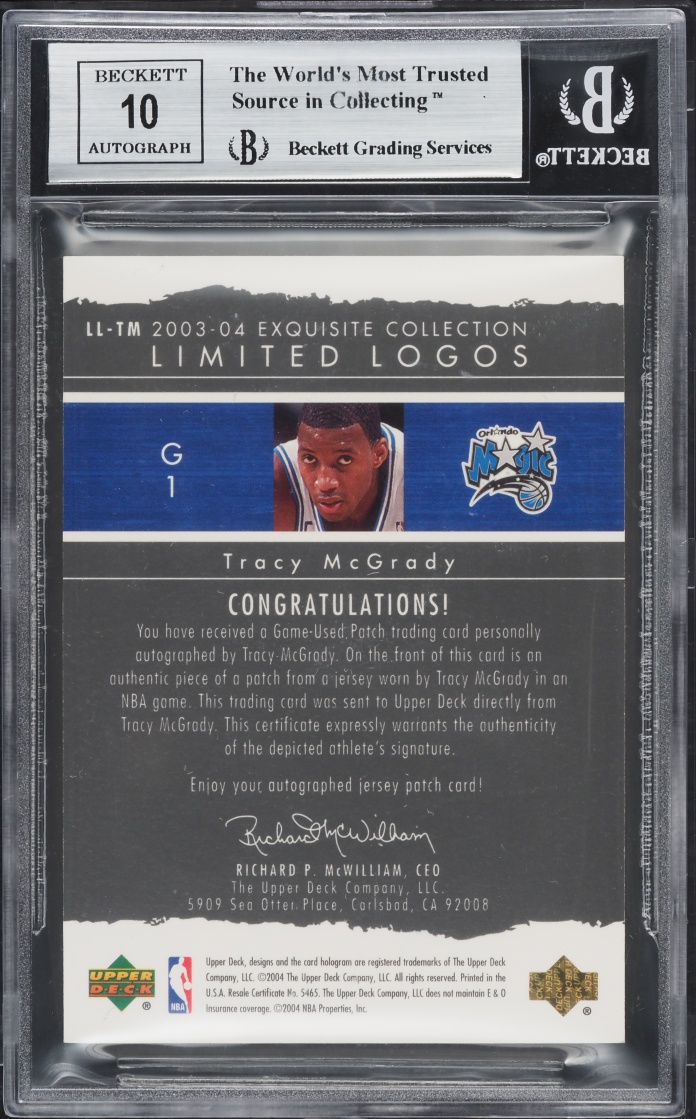 2003 Exquisite Collection Limited Logos Tracy McGrady PATCH AUTO /75 #LL-TM BGS 9 MINT