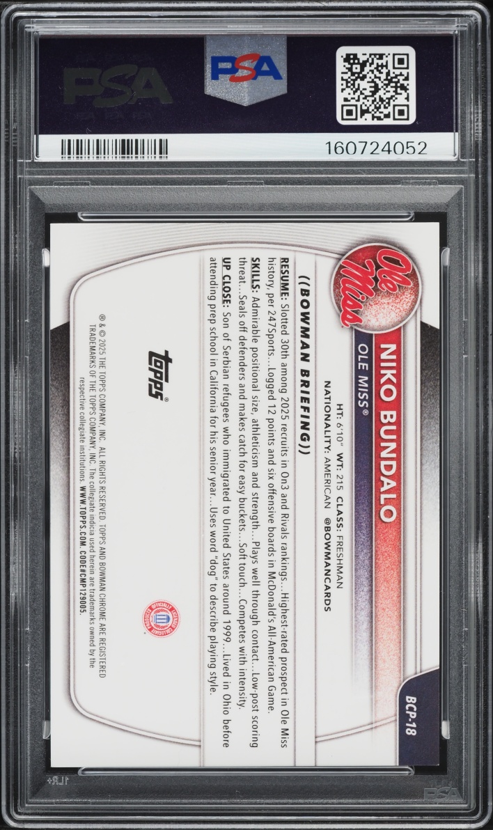 2025 Bowman Chrome Black Geometric Niko Bundalo ROOKIE 10/10 #BCP-18 PSA 10 GEM MINT