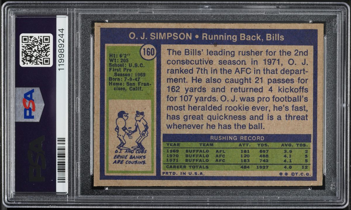 1972 Topps Football O.J. Simpson #160 PSA 3 VG