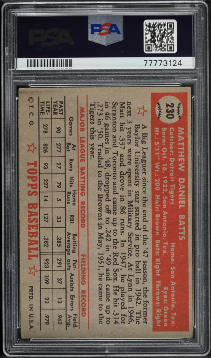 1952 Topps Matt Batts #230 PSA 4 VGEX